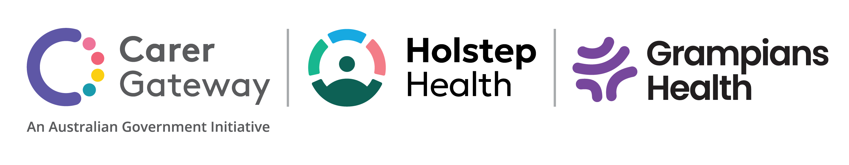 The image shows three logos side by side. From left to right: the "Carer Gateway" logo with the tagline "An Australian Government Initiative," featuring a stylized 'C' made of colorful dots; the "Holstep Health" logo with a segmented circular design in green, blue, and pink around a central abstract human figure; and the "Grampians Health" logo with a purple abstract symbol resembling interconnected lines or waves.